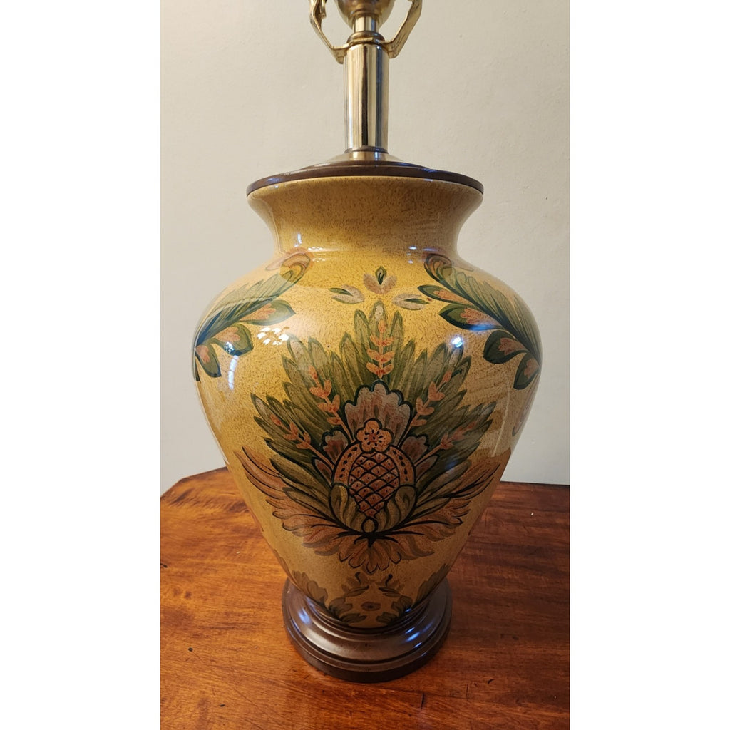 Pair Of Brown Traditional Ginger Jar Lamps with Floral Motif and Lamp Shades