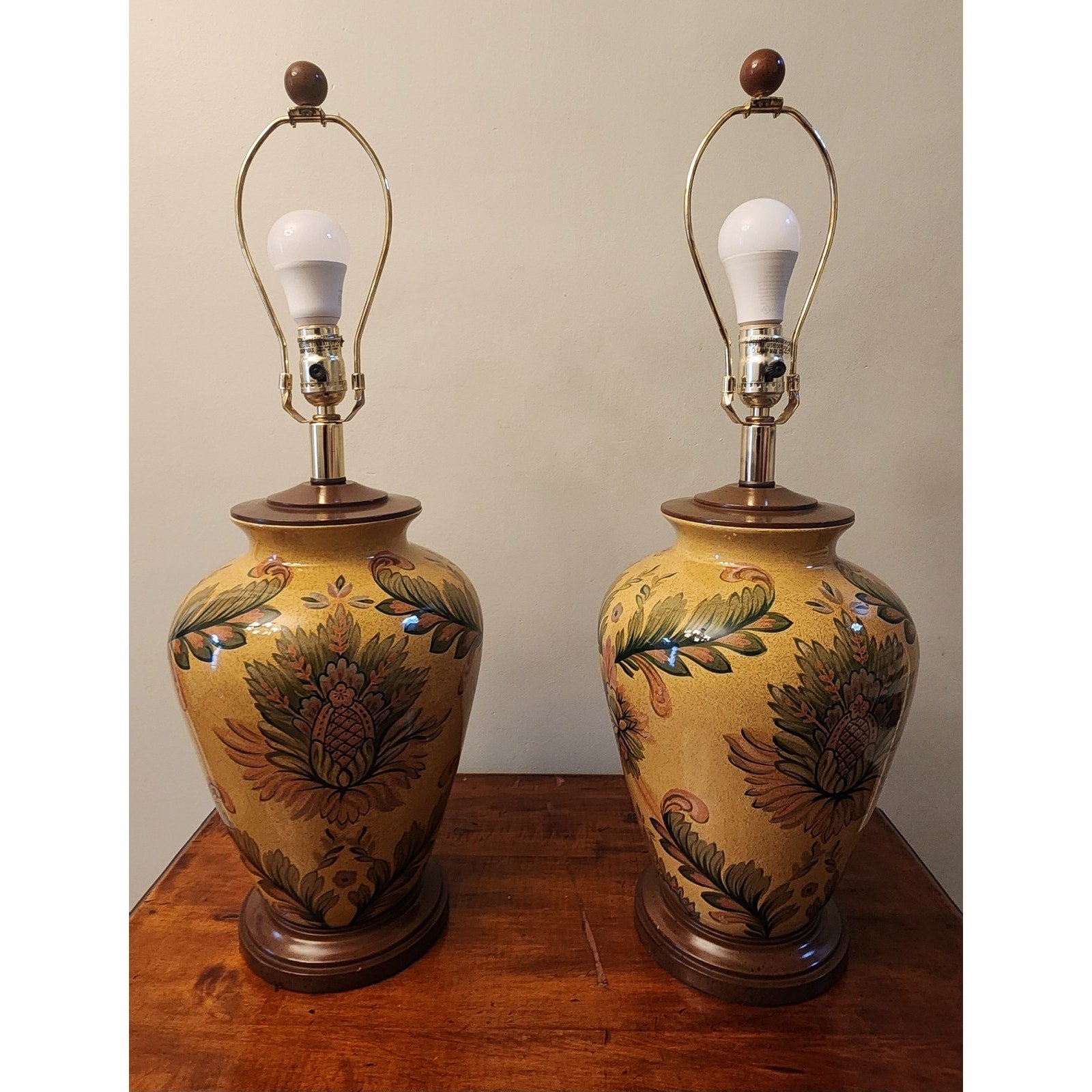 Pair Of Brown Traditional Ginger Jar Lamps with Floral Motif and Lamp Shades
