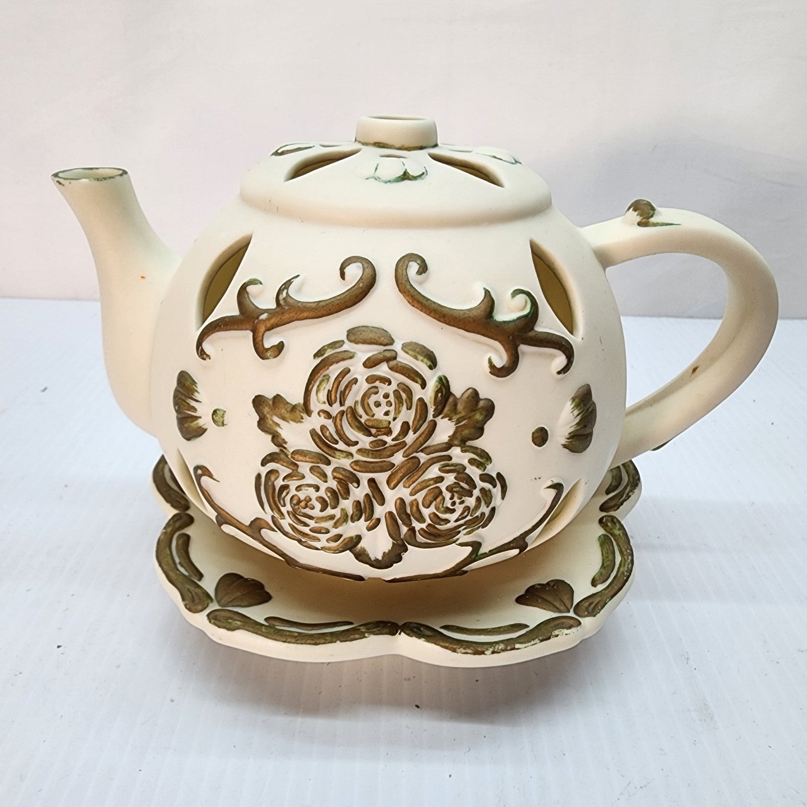 Teapot Decorative Candle Holder Brown Tan Used