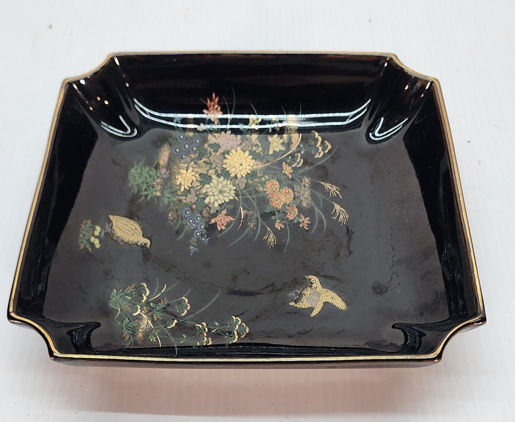 Andrea By Shadek Black  Sq. Tray W/Quail Birds/Florals-Yamaji-Japanese-VTG
