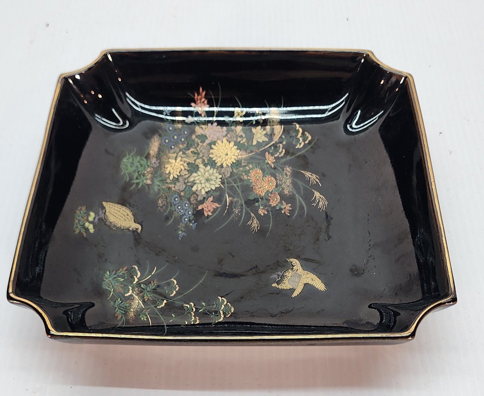 Andrea By Shadek Black  Sq. Tray W/Quail Birds/Florals-Yamaji-Japanese-VTG