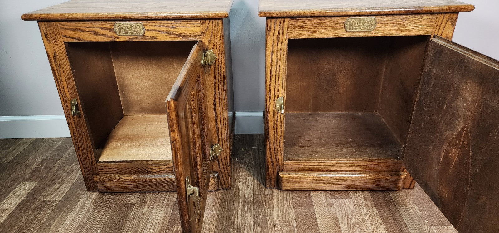 Pair of Vintage-Style White Clad Oak Ice Box Cabinets
