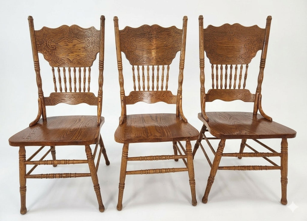 3 High End Vintage Solid Pressed Back Rustic Country Style Dining Chairs