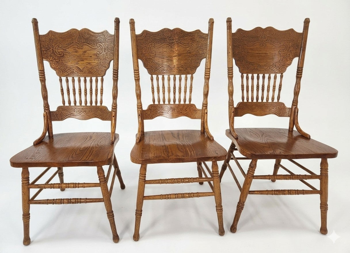 3 High End Vintage Solid Pressed Back Rustic Country Style Dining Chairs