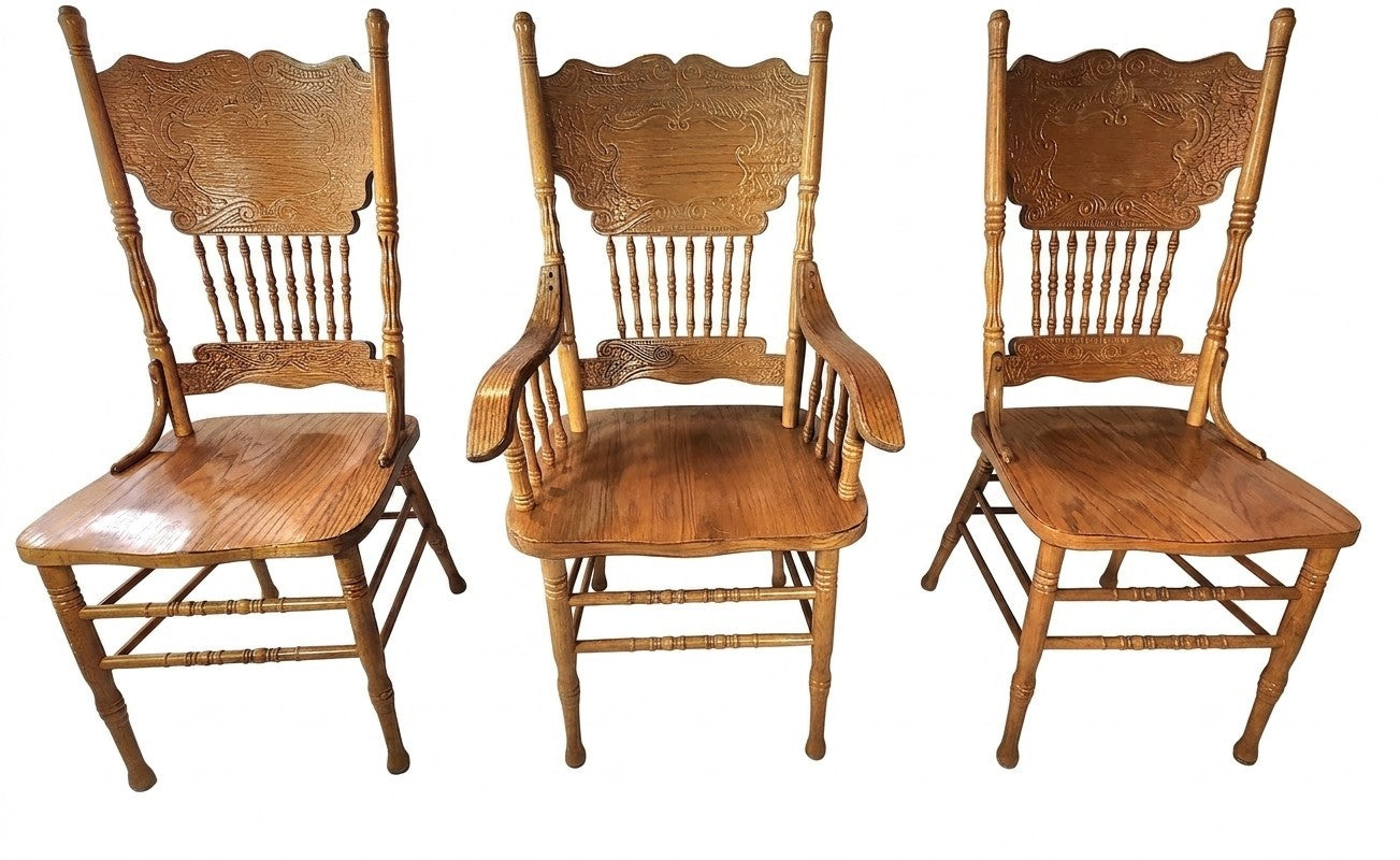 Vintage Antique Press Back Chairs Including 1 Armchair