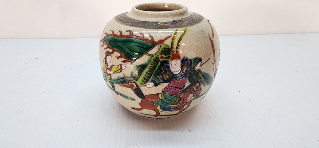 Vintage Chinese Ginger Jar with Warrior Scene and Crackle Glaze