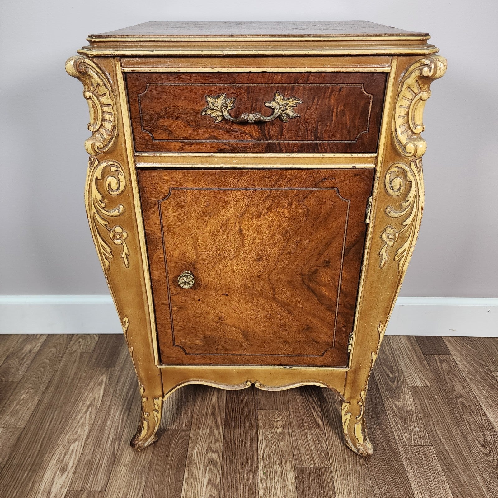 Antique Joerns Nightstand Cabinet Walnut Hand Carved French Provincial Style