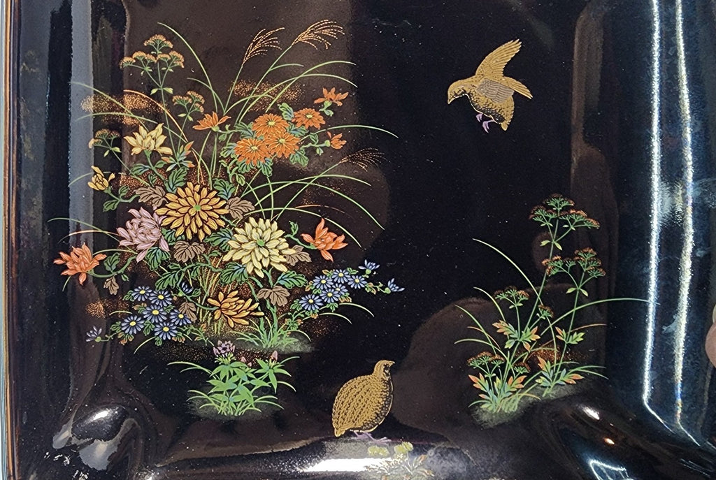 Andrea By Shadek Black  Sq. Tray W/Quail Birds/Florals-Yamaji-Japanese-VTG