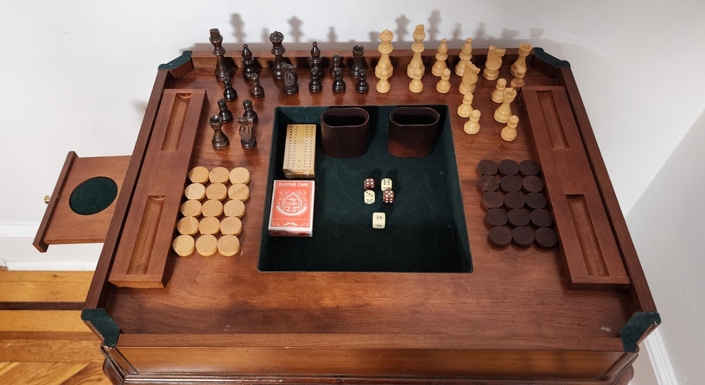 Vintage Butler Cherry Lift Top Game Table With Games and Pieces