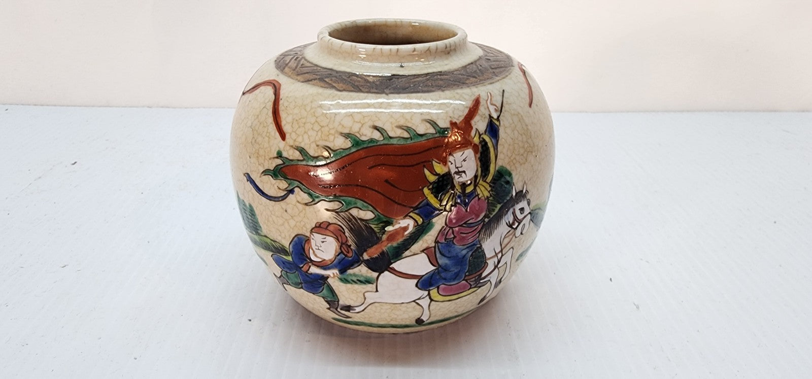 Vintage Chinese Ginger Jar with Warrior Scene and Crackle Glaze