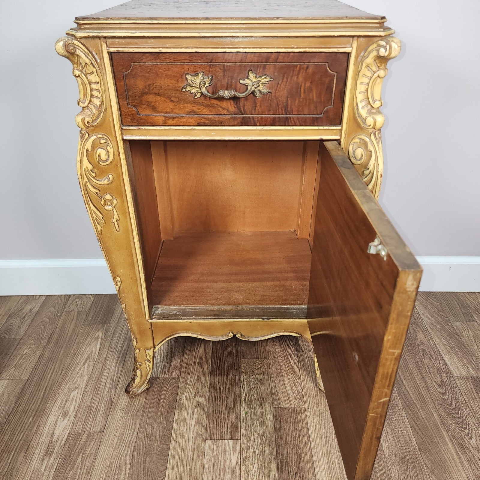 Antique Joerns Nightstand Cabinet Walnut Hand Carved French Provincial Style