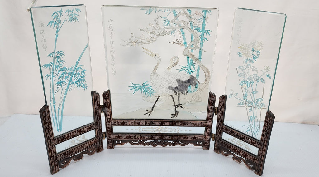 Asian Etched Glass Screen Table With Birds