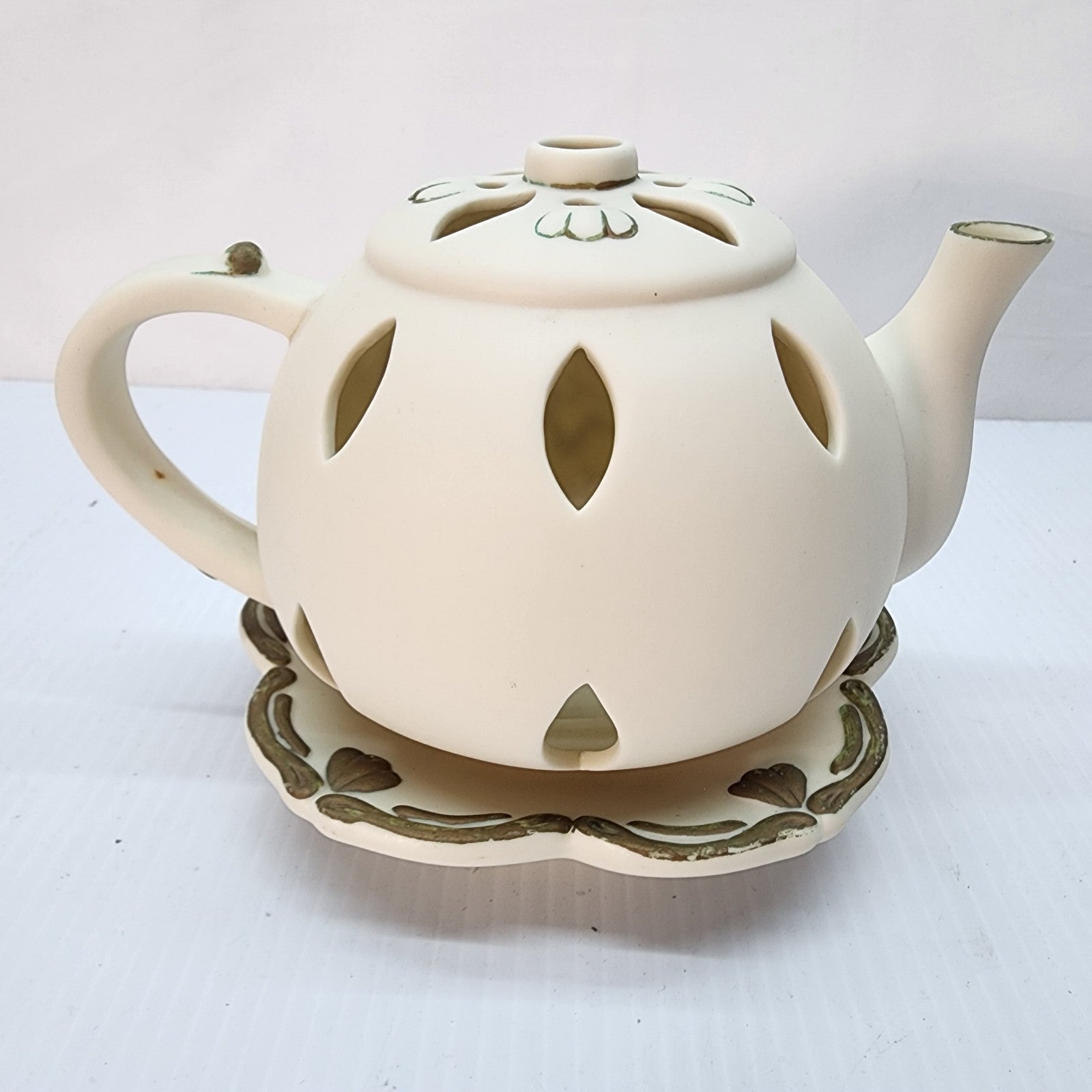 Teapot Decorative Candle Holder Brown Tan Used