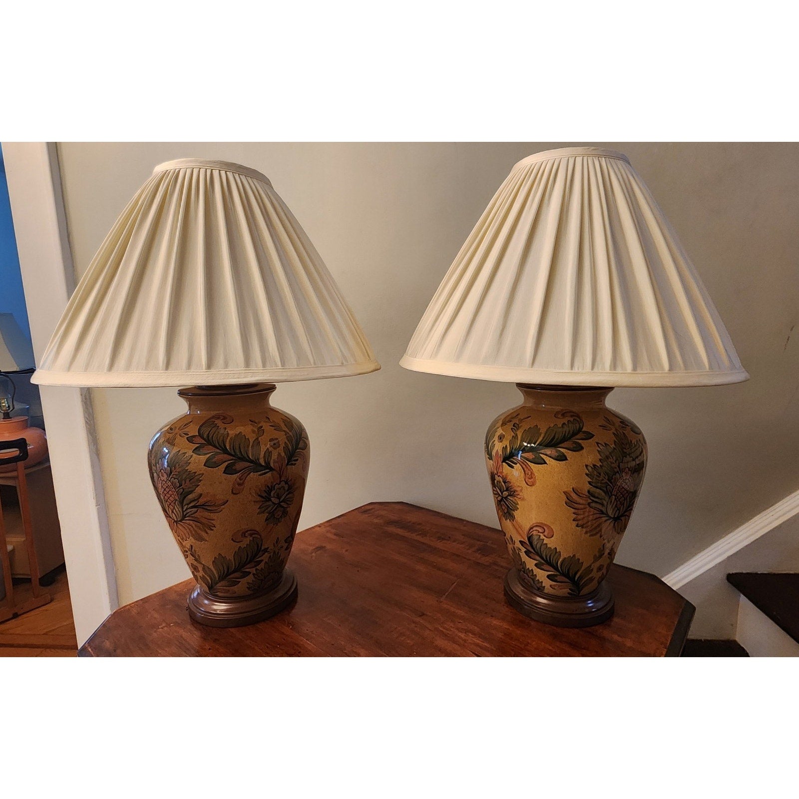 Pair Of Brown Traditional Ginger Jar Lamps with Floral Motif and Lamp Shades